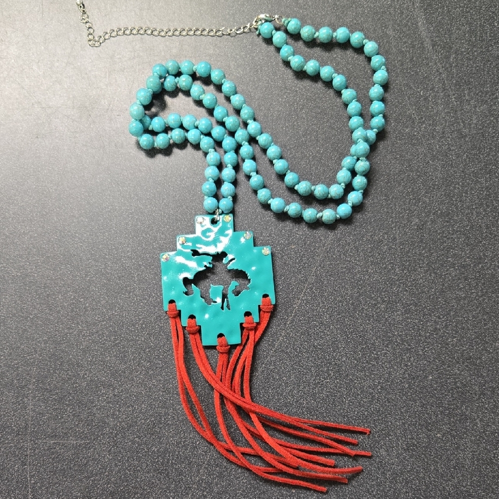 Turquoise and Red Fringe Pendant Necklace